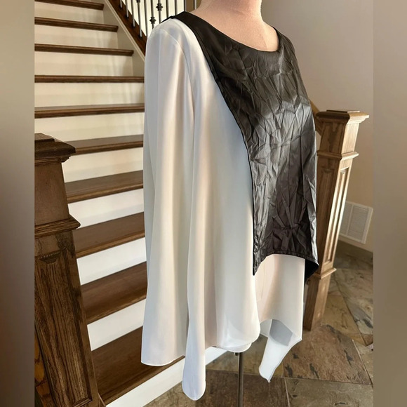 Zoi Black Asymmetrical Faux Leather Overlay Chiffon Blouse Women’s Size Small - Picture 3 of 5